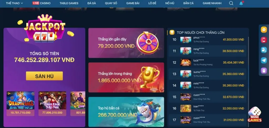 Các game nổ hũ jackpot lớn